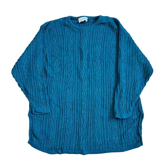 Vintage Diane Von Furstenberg Cable Knit Sweater Metallic Green Blue 1X 2X - Picture 3 of 7